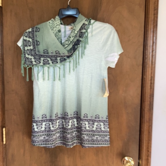 One World ombre sage top w boho print & matching scarf w fringe S - Picture 8 of 13